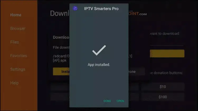 installation IPTV Smarters Pro terminée Firestick