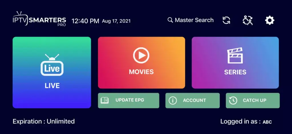 IPTV Smasters Pro tableau de bord chaînes Android
